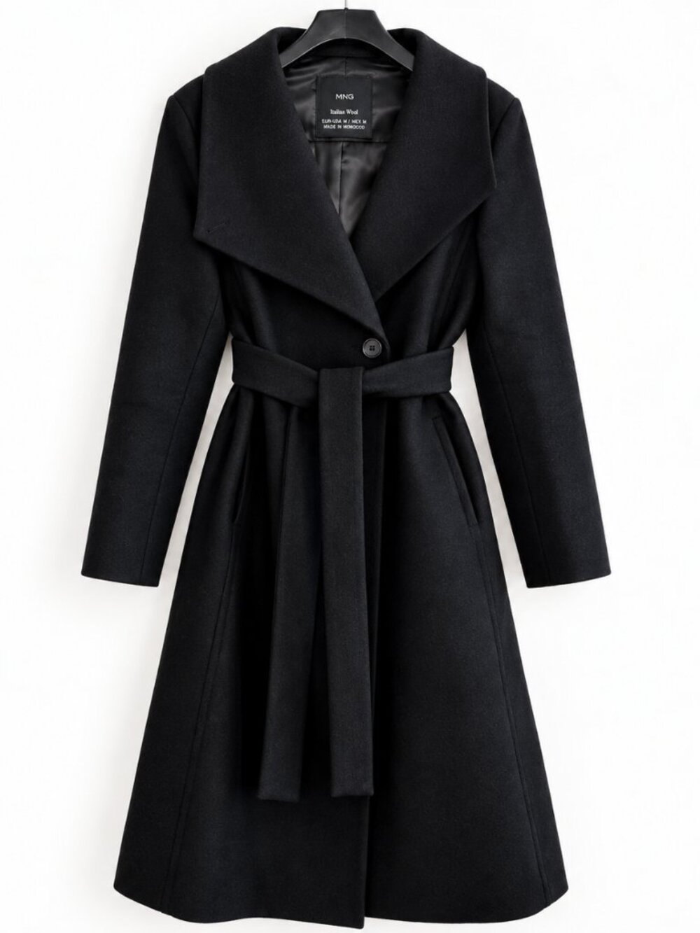 Mango MNG Italian Wool Long Belted Black Coat Size M